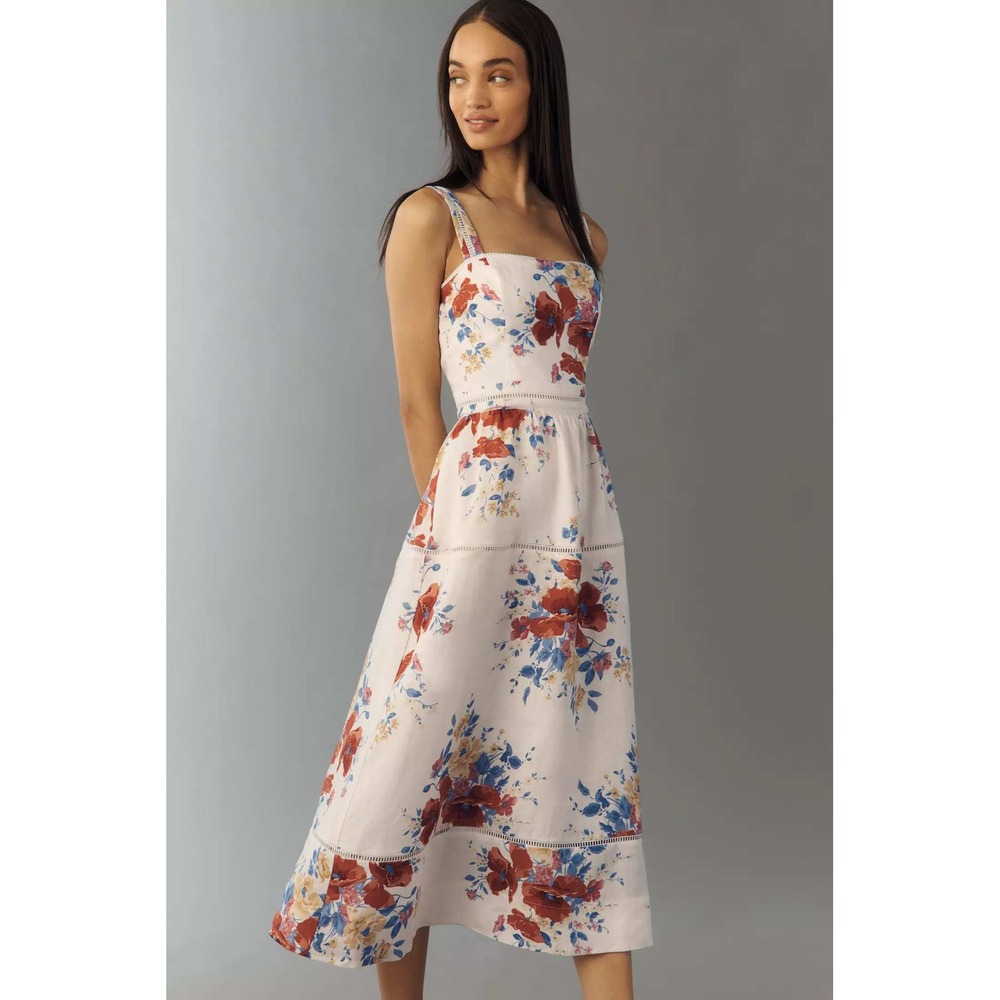 Reformation Women's Everett Linen Floral Midi Dress Soprano Size 6 Cottagecore
